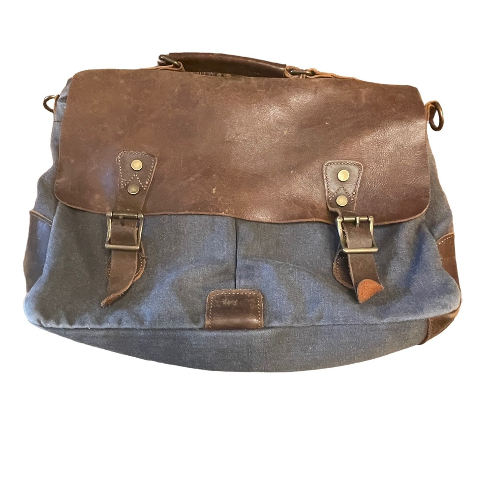 Life Wit Messenger Laptop Bag Leather Canvas Gray Brown Brass Rugged 16x12x4"